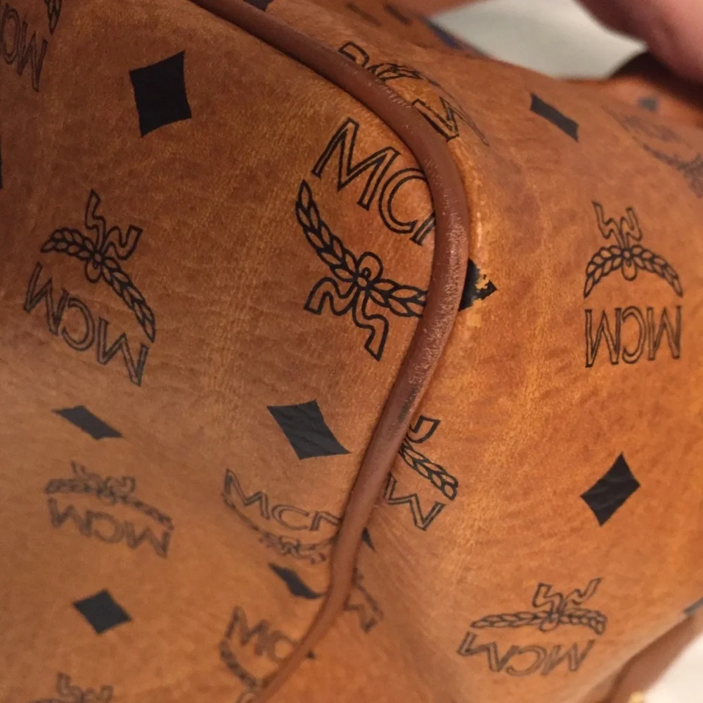 MCM Cognac Visetos Satchel with Blue Stripe